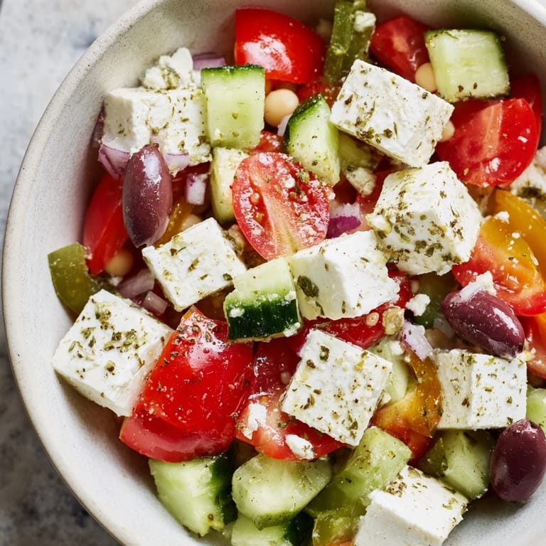 Vibrant Mediterranean Chickpea and Feta Bowl showcases Kalamata olives and parsley, ready to be enjoyed.
