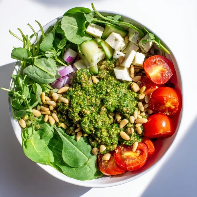 This Mediterranean Pesto Chickpea and Spinach Salad shows off juicy tomatoes atop a bed of greens.