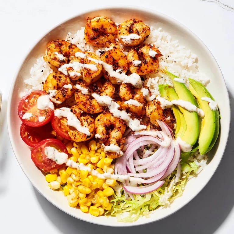Spicy and delicious: a close-up of a fully loaded Cajun Shrimp Taco Bowl, fresh and vibrant.