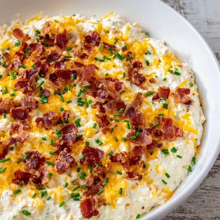 Golden-brown Cheesy Bacon Ranch Dip: a comforting appetizer with melty cheese and savory bacon bits.