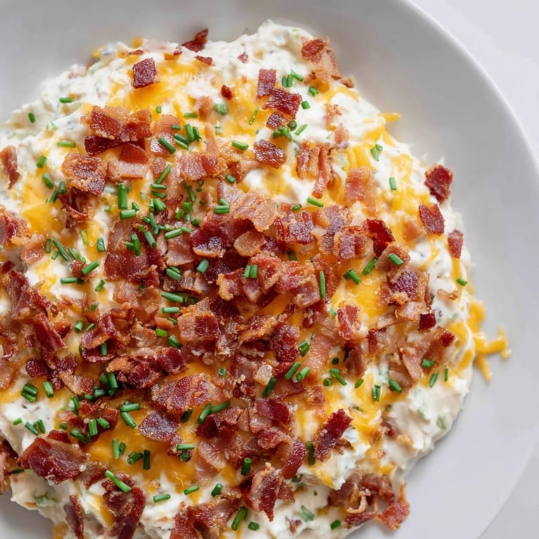 Imagine layers of creamy, golden Cheesy Bacon Ranch Dip, topped with crunchy bacon for dipping!