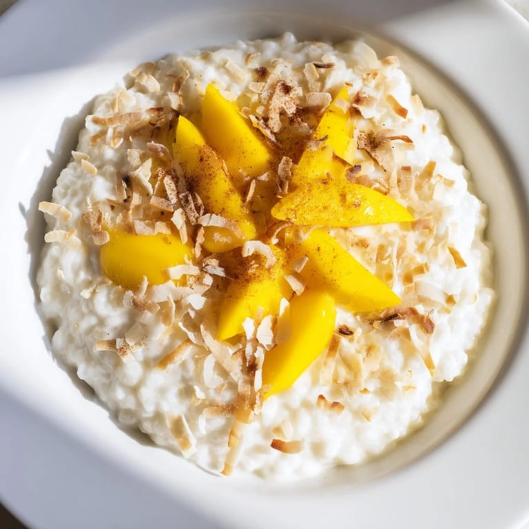 Close-up shot shows a delightful, thick and comforting Toasted Coconut Rice Pudding, perfect for dessert.