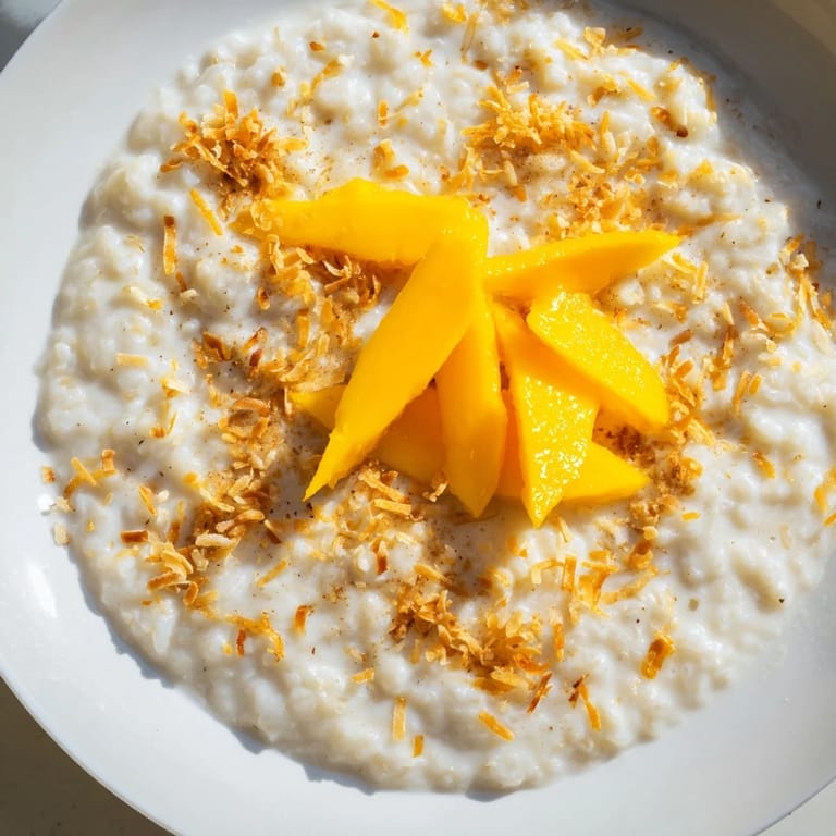 A warm bowl of Toasted Coconut Rice Pudding, with a sprinkle of cinnamon and visible toasted coconut pieces.