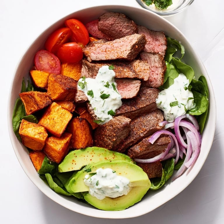 Savory Beef Avocado Sweet Potato Bowl featuring seared beef with fresh greens and a zesty lime dressing.
