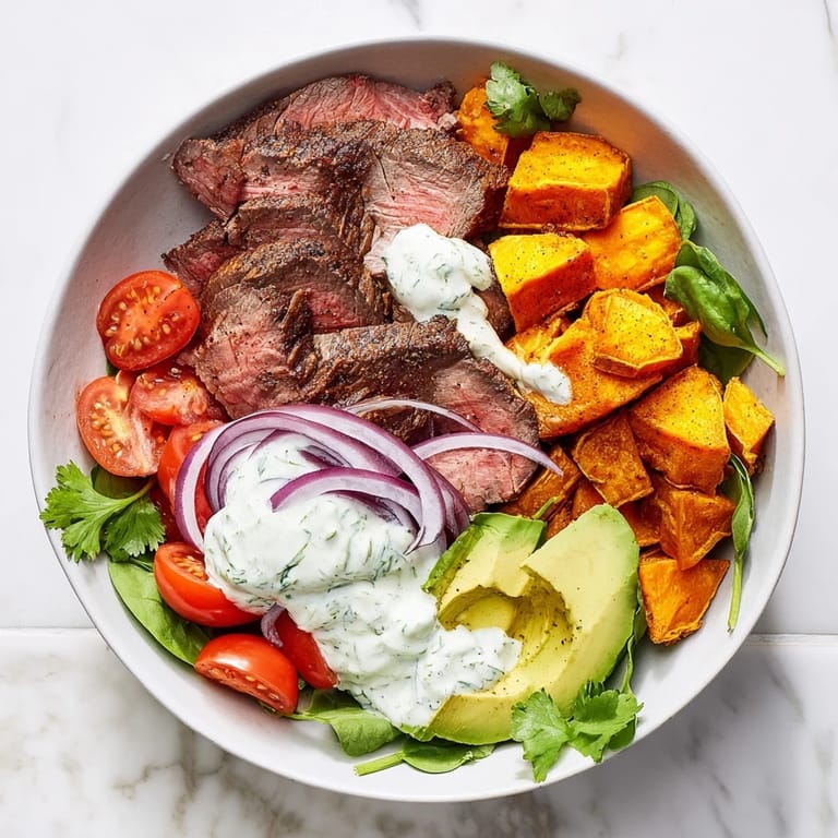 Delicious, gluten-free Beef Avocado Sweet Potato Bowl served with fresh avocado and cherry tomatoes for lunch.