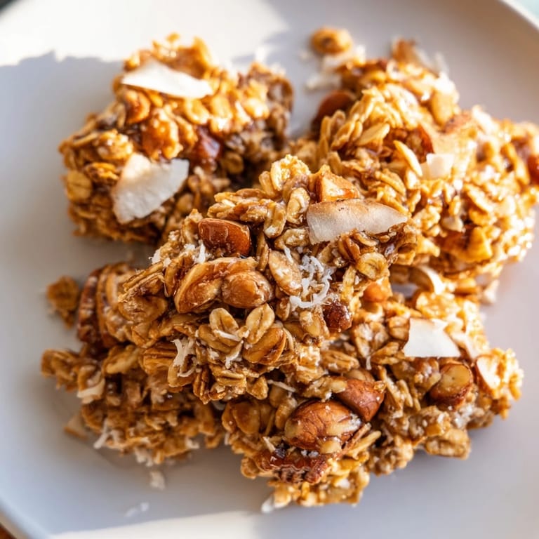 Warm, freshly made Honey Nut Granola Clusters, ready to add a burst of flavor to your yogurt.