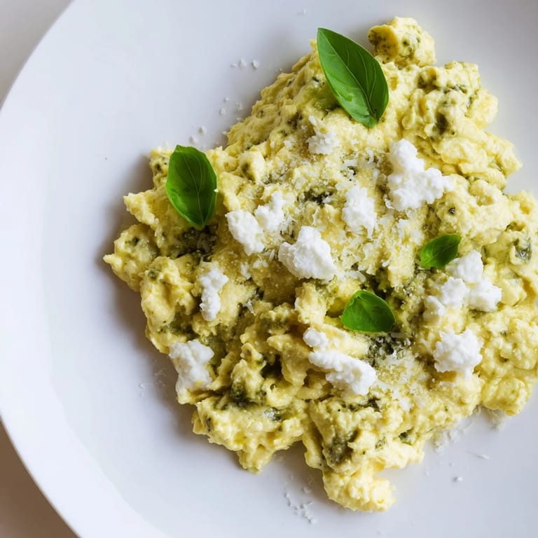 Creamy Pesto Cottage Cheese Eggs, served with toasted bread, boasting the flavors of basil pesto and fluffy eggs.