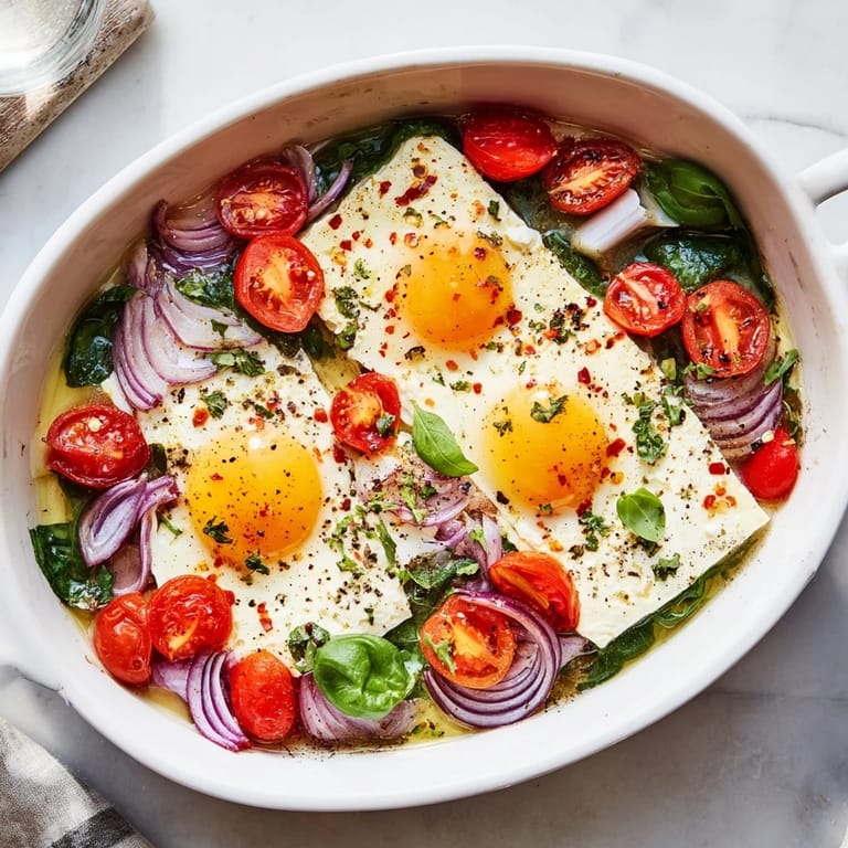 Creamy baked feta eggs, cooked to perfection, showcasing runny yolks with fresh basil garnish.