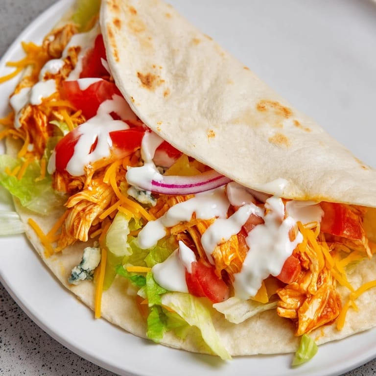 Golden-brown folded Buffalo Chicken Wrap, showcasing a cross-section of colorful fillings and crispy edges.