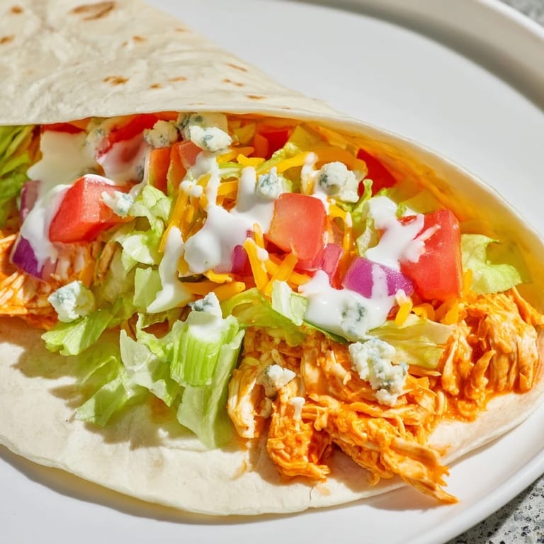 Close-up of a generously filled Buffalo Chicken Wrap, showcasing the juicy chicken and vibrant vegetables.