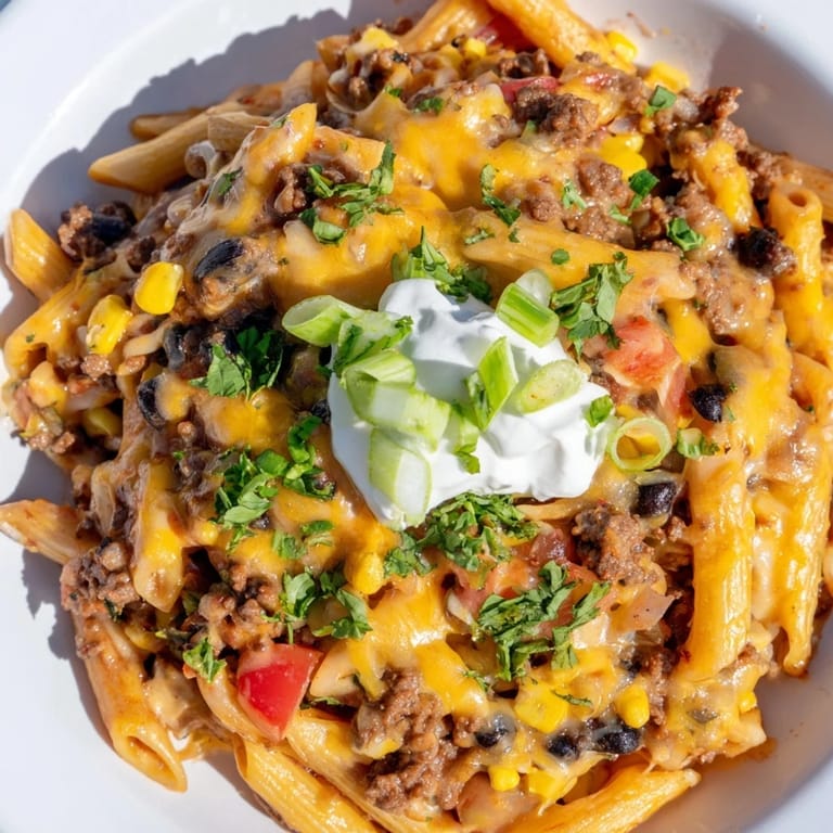 This comforting Cheesy Taco Pasta dish features tender pasta and flavorful seasoned ground beef in a creamy sauce.