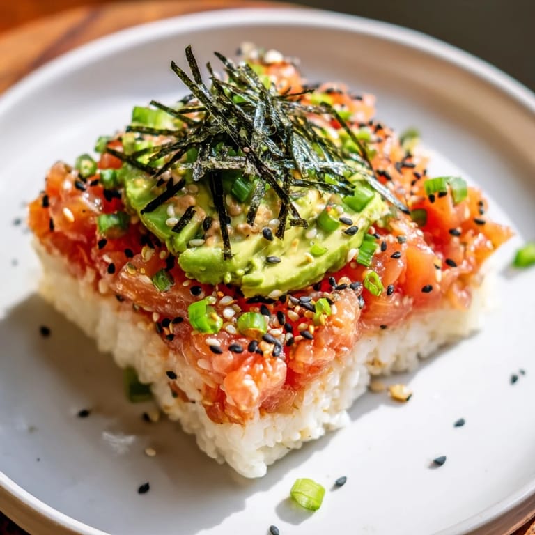 A fresh, visually appealing image of a delicious Crispy Rice Salmon Stack, ready to eat.
