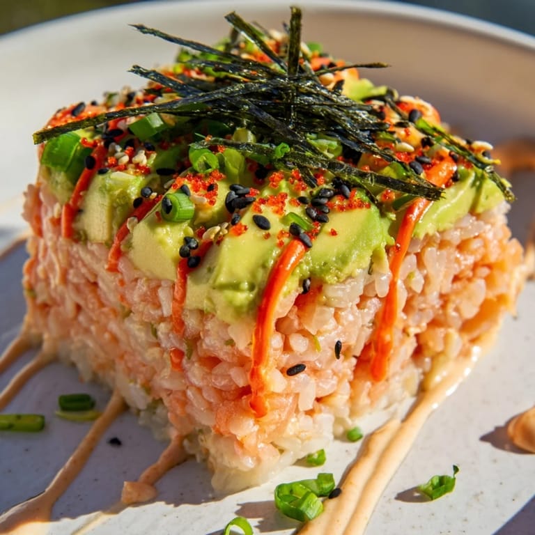 Imagine layers: crunchy rice, salmon, avocado in this appetizing Crispy Rice Salmon Stack.