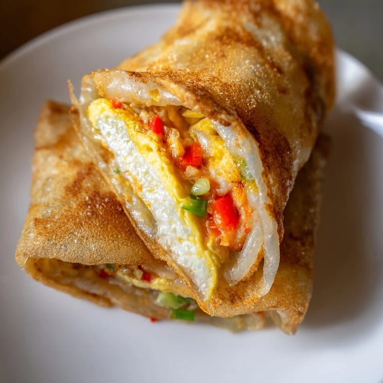A close-up of a perfectly cooked Rice Paper Egg Cheese Wrap; the melted cheese is oozing out invitingly.