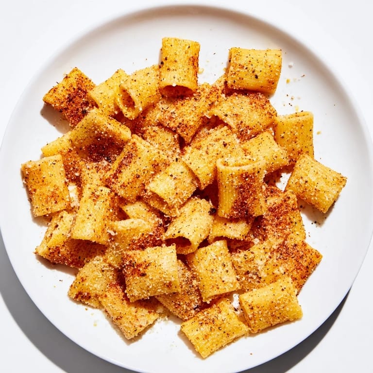 Close-up of golden brown pasta chips, perfectly crispy and ready to eat, a quick and easy recipe.