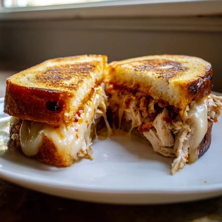 A close-up of a delicious Chili Crisp Honey Chicken Grilled Cheese, featuring spicy, glazed chicken.