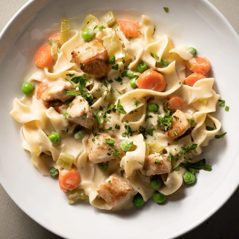 Picture a satisfying scene: Creamy Chicken and Egg Noodles, topped with fresh parsley and visible peas.