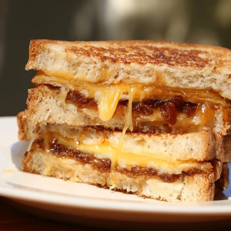 Imagine a savory Bacon Jam Grilled Cheese, with crispy bread and a sweet, smoky taste.