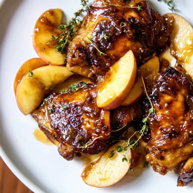 Earthy tones highlight this flavorful Sticky Maple Apple Chicken, with crispy skin and fragrant apple slices.