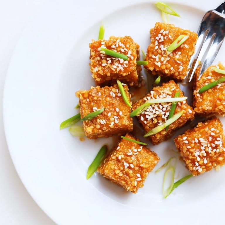 Close-up of freshly glazed Honey Sriracha Tofu Nuggets, ready to serve with sesame seeds.