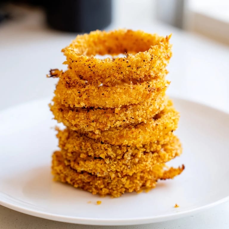 A towering stack of crispy fried onion rings, offering a beautiful, textured presentation.