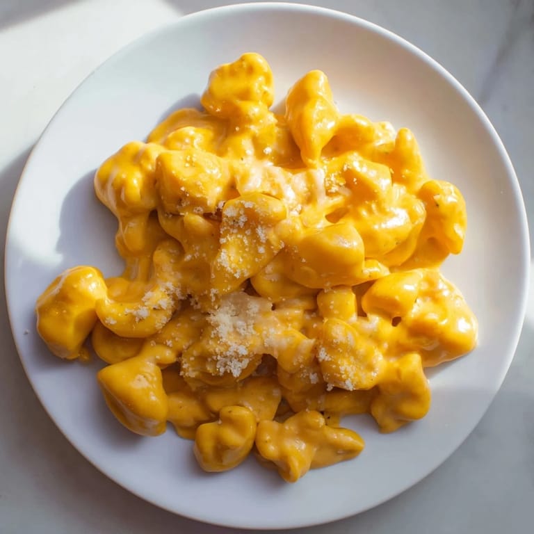 A close-up of creamy Pumpkin Mac & Cheese, with a swirl of pumpkin in the cheese sauce.