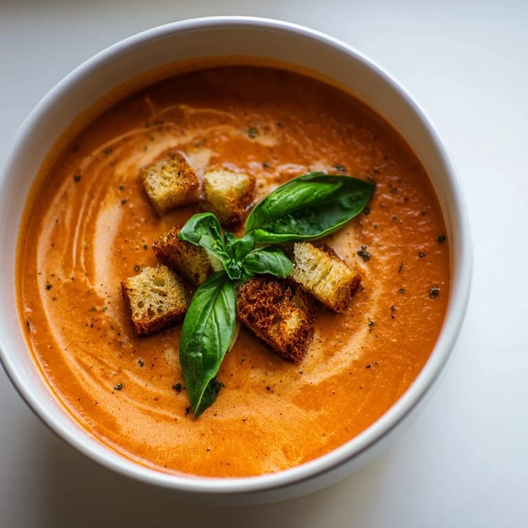 A steamy bowl of homemade creamy roasted garlic tomato soup, perfectly garnished and inviting.