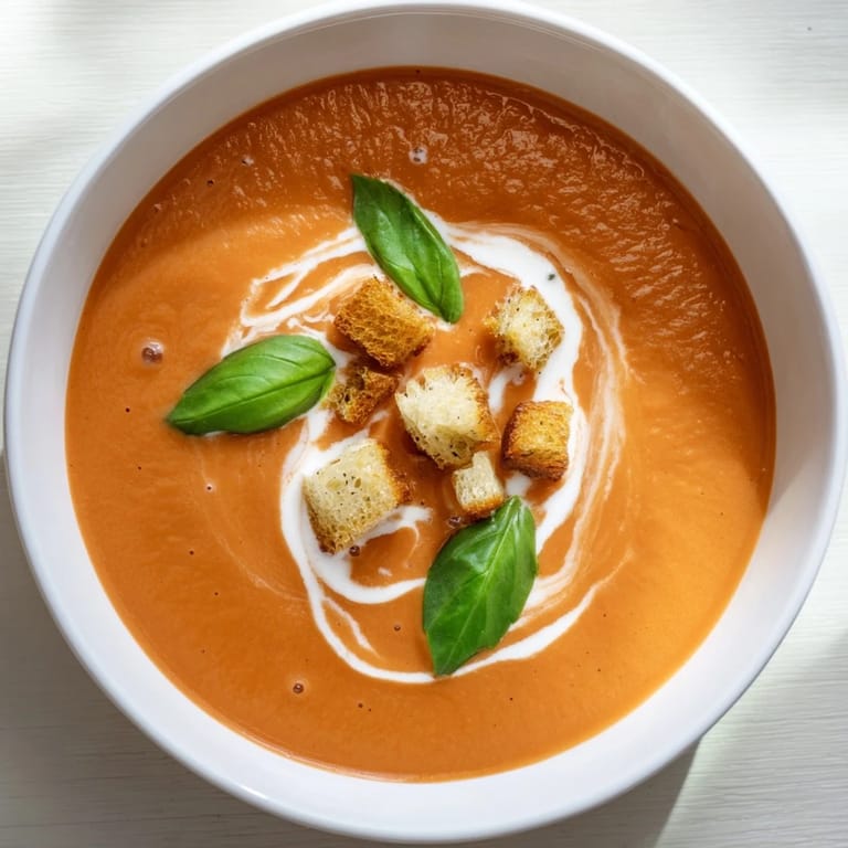 Rich, vibrant spoonful of creamy roasted garlic tomato soup, perfect for cold days.