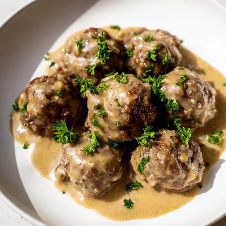 Up-close photo of golden-brown Swedish meatballs swimming in a savory, delightful sauce.
