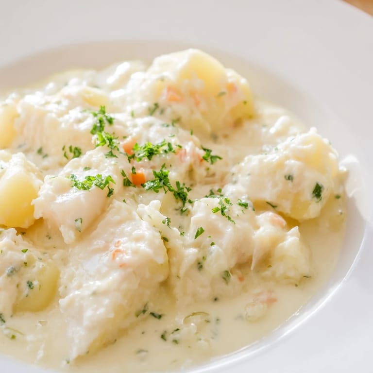 A warm bowl of Icelandic Fish Stew, garnished with fresh herbs, is ready to be served.