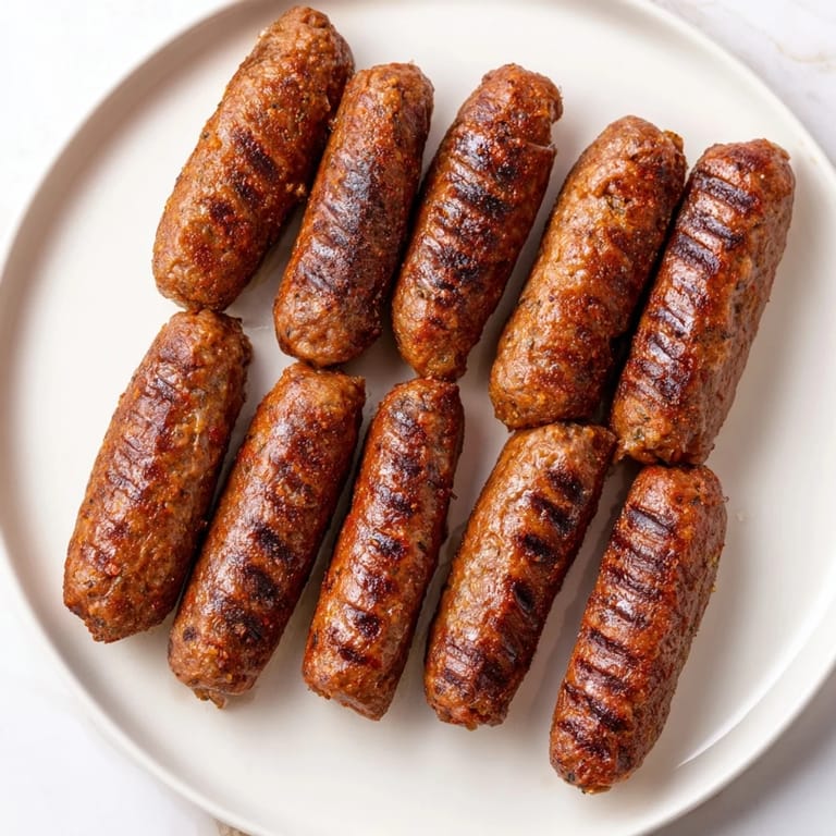 Close-up view of perfectly cooked Romanian mici, showing the crispy exterior and delicious seasonings.