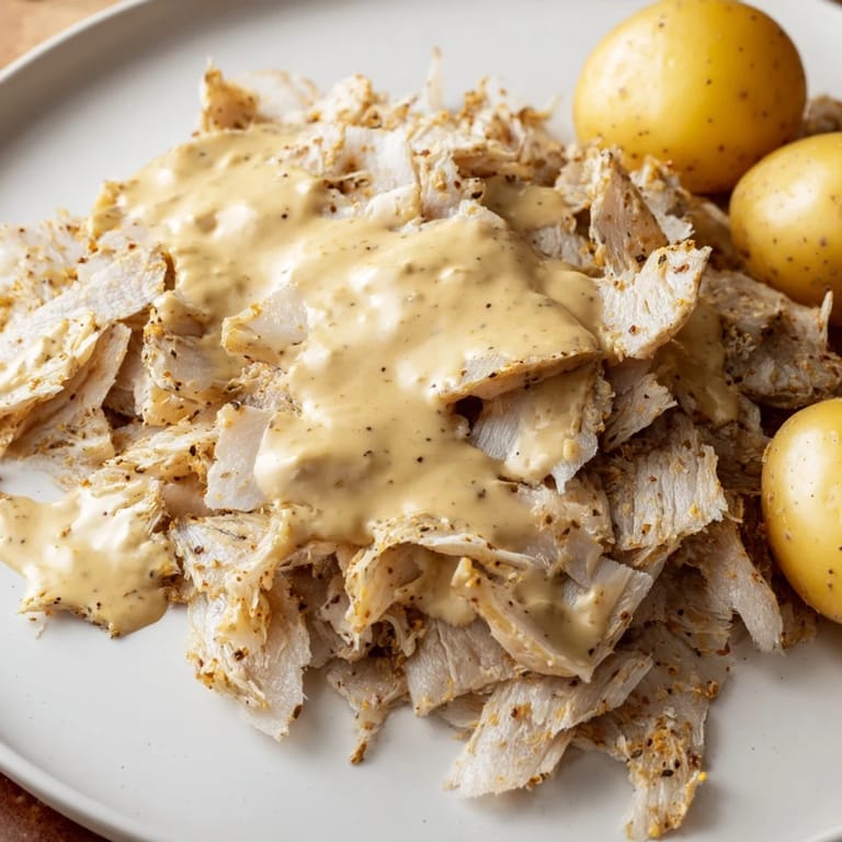 Close-up of golden-baked Norwegian Lutefisk, paired with mustard sauce, a traditional holiday meal.