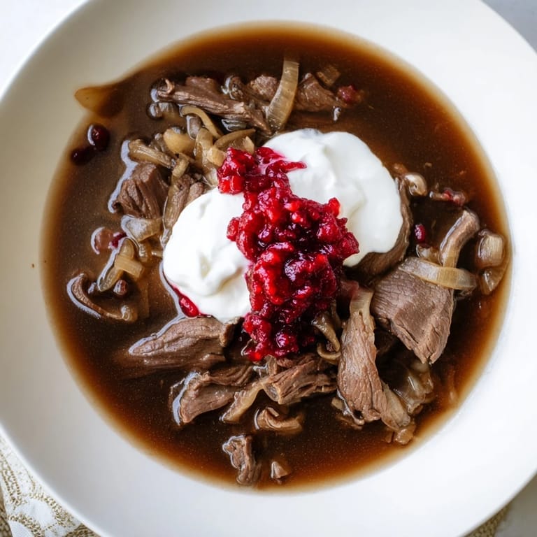 Close-up of hearty Finnish Reindeer Stew, with rich dark gravy and melt-in-your-mouth reindeer meat.