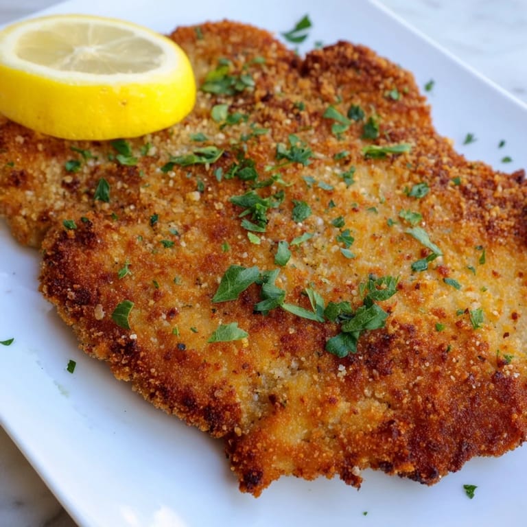 Enjoy the savory, crispy texture of German schnitzel, beautifully plated with parsley and lemon.