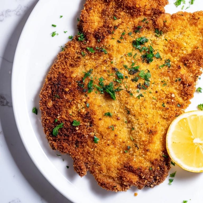 This image shows perfectly fried German schnitzel, a savory delight with breading and meat.