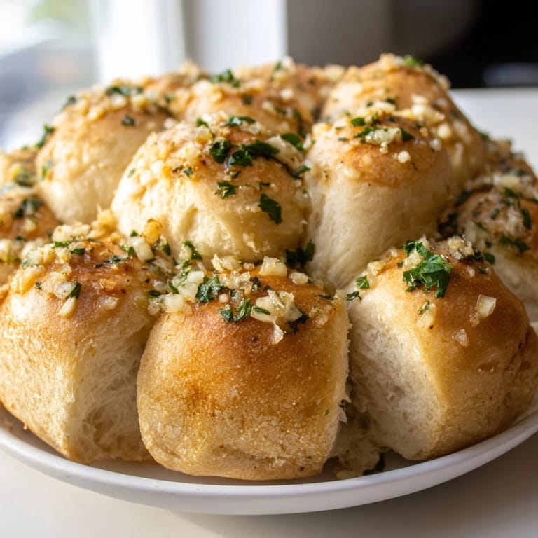 A close-up of warm Garlic Butter Bread Pull-Apart, showcasing fluffy layers and aromatic garlic butter.  