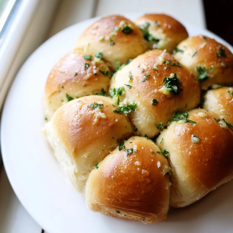 Freshly baked Garlic Butter Bread Pull-Apart served beside a bowl of tomato soup on a rustic table.