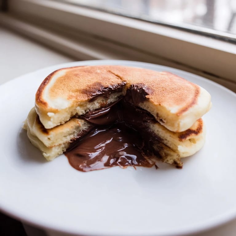 Freshly cooked Nutella Stuffed Pancakes served with sliced bananas and strawberries on a rustic wooden breakfast table.