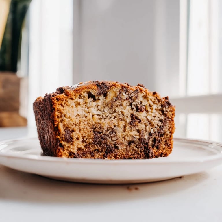 Golden loaf of homemade banana bread topped with a few walnut pieces, cut to reveal its moist, soft interior.