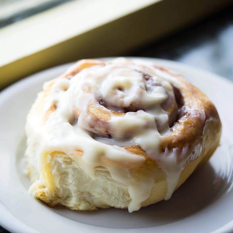 Freshly baked Pillow Soft Cinnamon Rolls on a rustic wooden board, drizzled with sweet vanilla glaze beside a steaming cup of coffee.