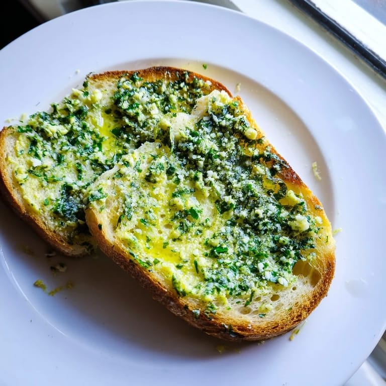 Freshly toasted sourdough slices are generously slathered with aromatic herb butter, topped with flaky sea salt.  