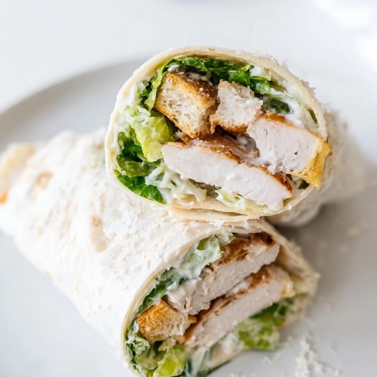 Savory Caesar Chicken Salad Wrap on a rustic board with fresh greens, croutons, and grated parmesan, perfect for a quick lunch.  