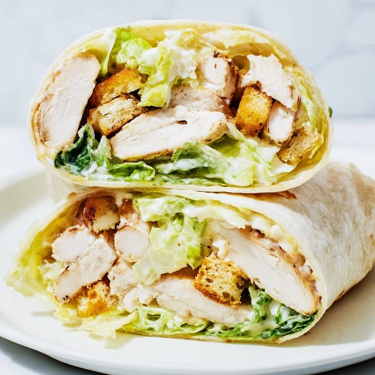 Handheld Caesar Chicken Salad Wrap filled with tender grilled chicken, crunchy romaine, and Caesar dressing, ready to serve with lemon wedges.