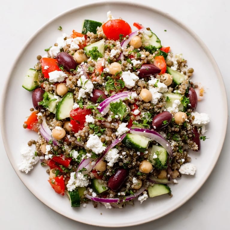 Bowl of Greek Power Salad featuring colorful cherry tomatoes, cucumbers, and olives, topped with crumbled feta.