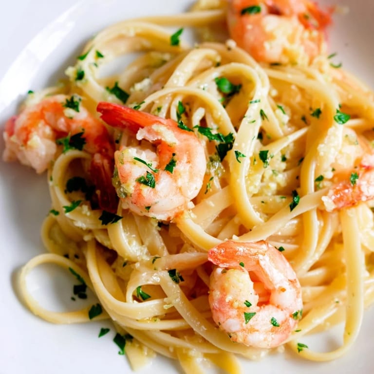 Plated Garlic Butter Shrimp Linguine, garnished with lemon zest and parsley, ready to enjoy with a glass of white wine.