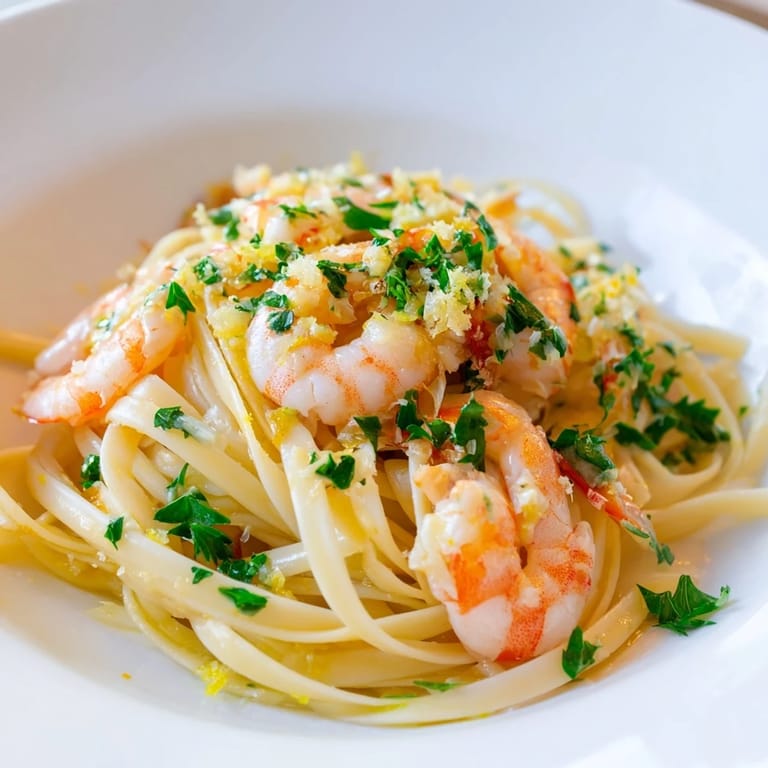 Close-up of al dente linguine coated in garlicky butter sauce, topped with plump shrimp and a sprinkle of Parmesan.