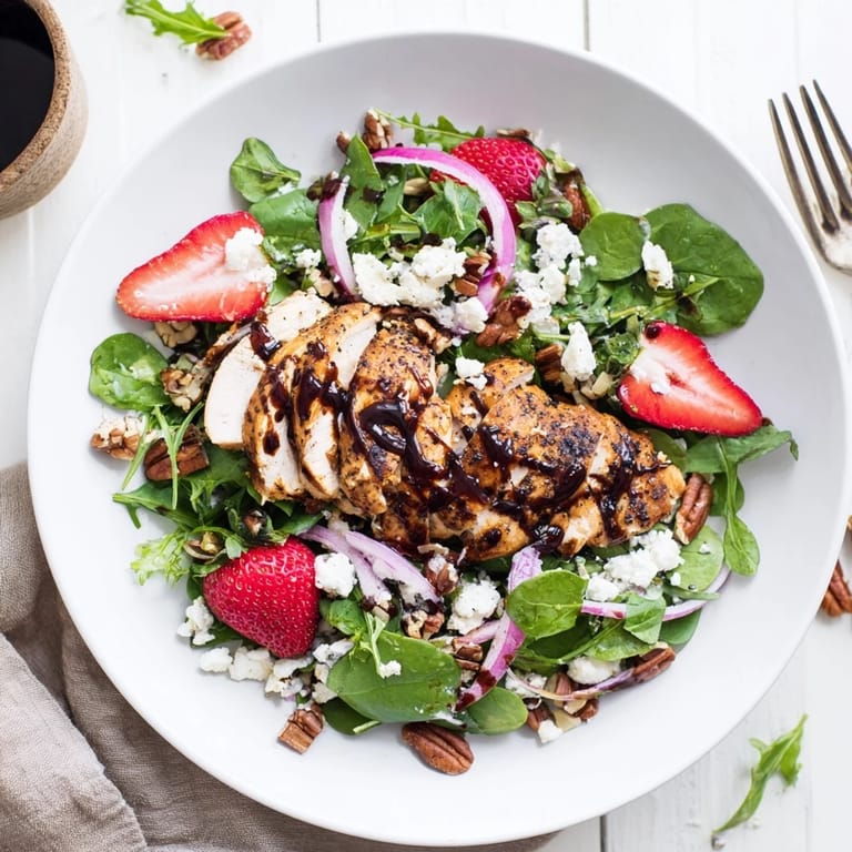 Close-up of Honey Balsamic Chicken Salad drizzled with glaze, topped with strawberries, pecans, and goat cheese on a platter.