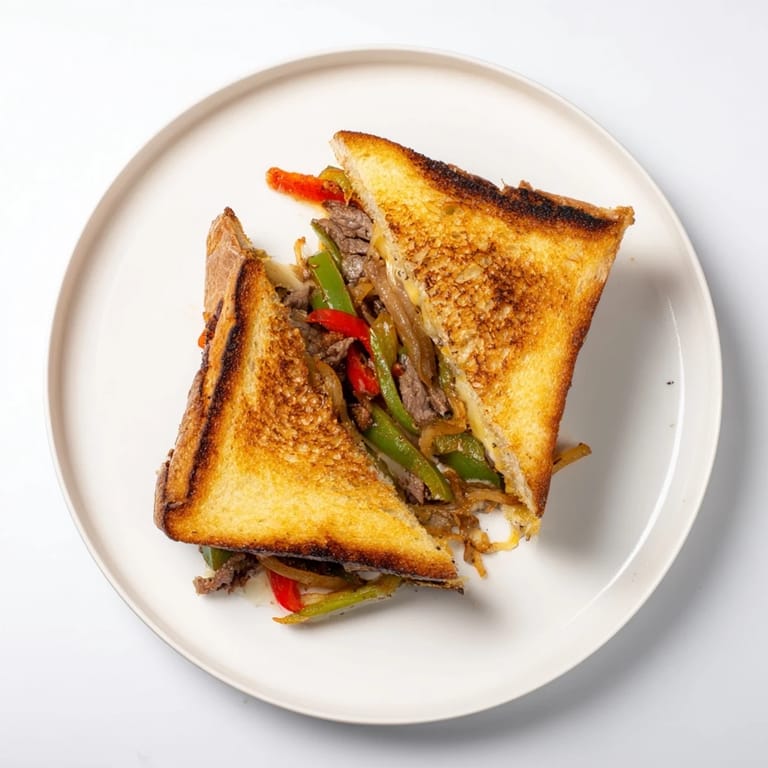 The Philly Cheesesteak Grilled Cheese shows buttery sourdough bread oozing with provolone and steak.