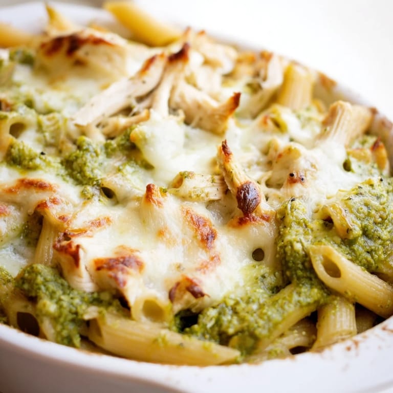Steamy Pesto Chicken Pasta Bake in a ceramic dish, topped with bubbly cheese and fresh basil leaves.