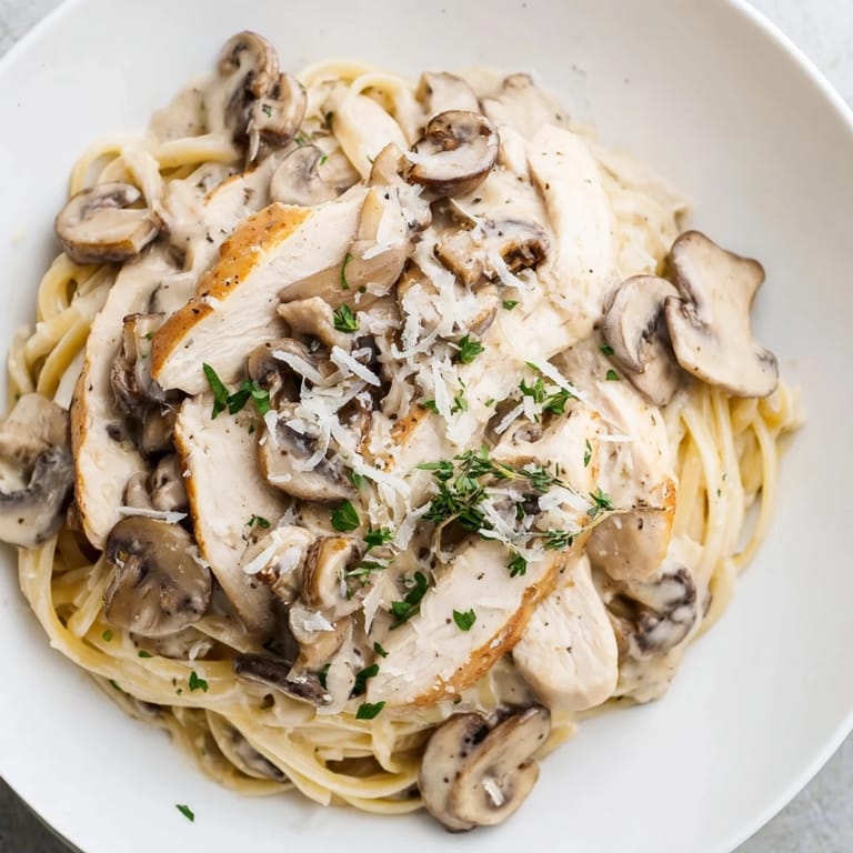 A close-up of velvety mushroom cream sauce coating whole wheat spaghettini and tender chicken pieces, ready to serve for dinner.  